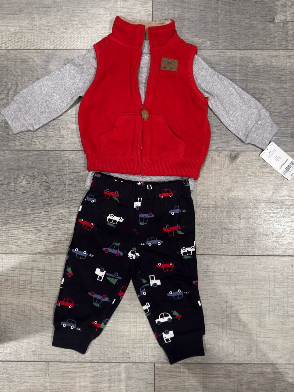 Carter’s Baby Boy 6M 3-Piece Christmas Outfit Red Fleece Vest Car Print NWT